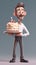 3D illustration of a cartoon character with a cake on a tray