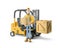 3d illustration. Cartoon character. Deliveryman in medical mask overalls standing next to a forklift.