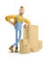 3d illustration. Cartoon character. Deliveryman in overalls is standing with a bunch of parcels.