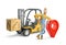 3d illustration. Cartoon character. Deliveryman in overalls standing next to a forklift and big pin.