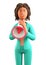 3D illustration of cartoon cheerful african american woman holding a speaker. Close up portrait of cute excited businesswoman