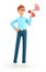 3D illustration of cartoon smiling man holding a speaker. Cute standing  businessman announcing over the loudspeaker