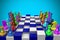 3D illustration chess pieces multi-colored and bright