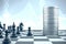 3d illustration: Chess pieces playing versus money on blue background