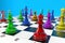 3D illustration of a chessboard with multi-colored chess.