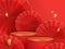 3D illustration of Chinese New Year red and golden theme podium scene with paper graphic style of oriental festive elements on bac