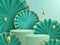 3D illustration of classic teal theme product display and cosmetic advertising background with podium and paper fan