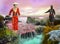 3D Illustration of colorful Asian Waterfall Scene with ninja woman