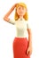 3D illustration of confused thinking beautiful blonde woman scratching her head. Close up portrait of pensive businesswoman