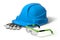 3d illustration construction helmet, working gloves, safety glasses. Isolated. Blue and green