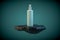 3d illustration of cosmetic container standing on black rock pedestal over dark teal background.