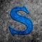 3d illustration cracked blue stone wall letter S on black grunge cement surface
