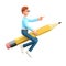 3D illustration of creative man flying in air on a big pencil and pointing at direction. Cartoon businessman, isolated on white