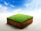 3D Illustration, cubical soil ground cross section with earth land and green grass, Soil layers