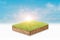 3d illustration of cubical soil slice, green grass floating over sky cloud background