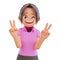 3d illustration cute girls shows peace vsign gesture laughing and smiling posing happy