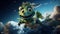 3d illustration of a cute green dragon in the starry space. Funny green dragon in the snow. 3D illustration. Fantasy.