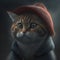3d illustration of a cute kitten in a red hat, 3d render portrait of animals, grey background