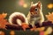 3d illustration of cute squirrel baby sitting on a timber in autumn forest Generative AI illustration