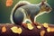 3d illustration of Cute squirrel baby sitting on a timber in autumn Generative AI illustration