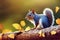 3d illustration of Cute squirrel baby sitting on a timber in autumn Generative AI illustration