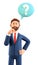 3D illustration of cute thinking man with question mark in speech bubble. Cartoon pensive businessman solving problems