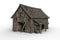 3D illustration of a decrepit old grey wooden barn with open doors and holes in the roof isolated on a white background