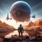 3D illustration depicts a science fiction scene where an astronaut encounters a giant spaceship on an alien world, known as the