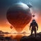 3D illustration depicts a science fiction scene where an astronaut encounters a giant spaceship on an alien world, known as the