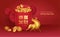 3D illustration design of Chinese New Year celebration banner with red envelope loaded with golden ingot and money coin, golden Ox