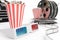 3D illustration, director chair, movie clapper, popcorn, 3d glasses, film strip, film reel and cup with carbonated drink