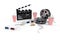 3D illustration, director chair, movie clapper, popcorn, 3d glasses, film strip, film reel and cup with carbonated drink