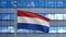 3D illustration Dutch flag in modern skyscraper city. Tower Netherlands banner