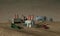 3d illustration. Dying industry. Old factories, oil storage, oil pumps, wagons in the desert