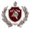 3d illustration. Emblem of firefighters. Silver antique helmet, axes, red shield, olive branch, oak branch, ribbon