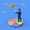 3D illustration of European woman stands on a slice of chart pie and big yellow button that says data, data analysis