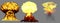 3D illustration of explosion - 3 huge very detailed different phases mushroom cloud explosion of nuclear bomb with smoke and fire