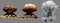 3D illustration of explosion - 3 large different phases fire mushroom cloud explosion of nuclear bomb with smoke and flame