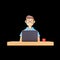 3D Illustration Of Eyeglasses Wearing Young Man With Laptop And Mug On Desk Against Black
