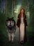 3D illustration of a fantasy medieval redhead woman walking with her wolf on a forest path
