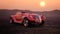 3D illustration of a fantasy red sports car on dry cracked mud ground in a desert at sunset