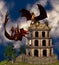 3D illustration of fantasy showing a couple of dragon in a tower