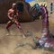 3D illustration of fantasy showing a male muscles against a lizard bug monster