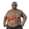 A 3D illustration featuring a senior overweight man with transparent skin, showcasing the liver and highlighting the