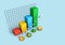 3D illustration of a finance chart. Bullish investment graph, stock exchange, money, coins