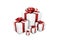 3d illustration: Five white gift boxes from small to large in order of size with red silk ribbon / bow and tag on a white backgro