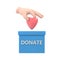 3d illustration flat line design. Donor day. Give life. Man’s hand places small heart in donation slot. Donation box.