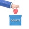 3d illustration flat line design. Donor day. Give life. Man’s hand places small heart in donation slot. Donation box