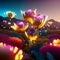 3d illustration of flowers in a field at night. 3d rendering generative AI