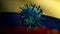 3D illustration Flu coronavirus floating over Colombian flag. Colombia Covid 19